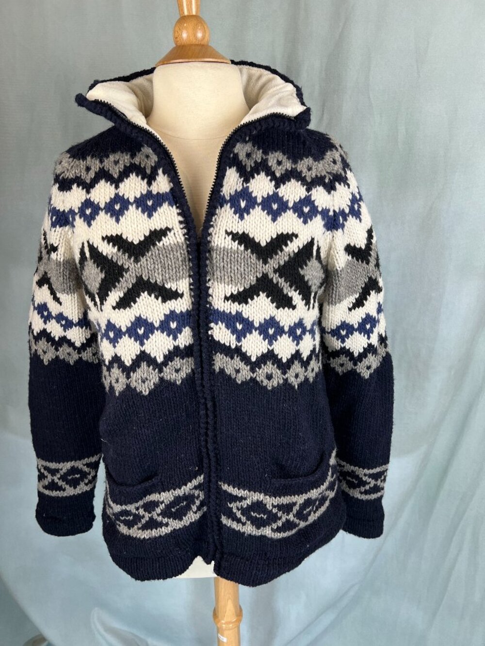 VTG HandKnit Ecuador  Blue & Grey 100% Wool Fleece Lined Full Zip Jacket Size L